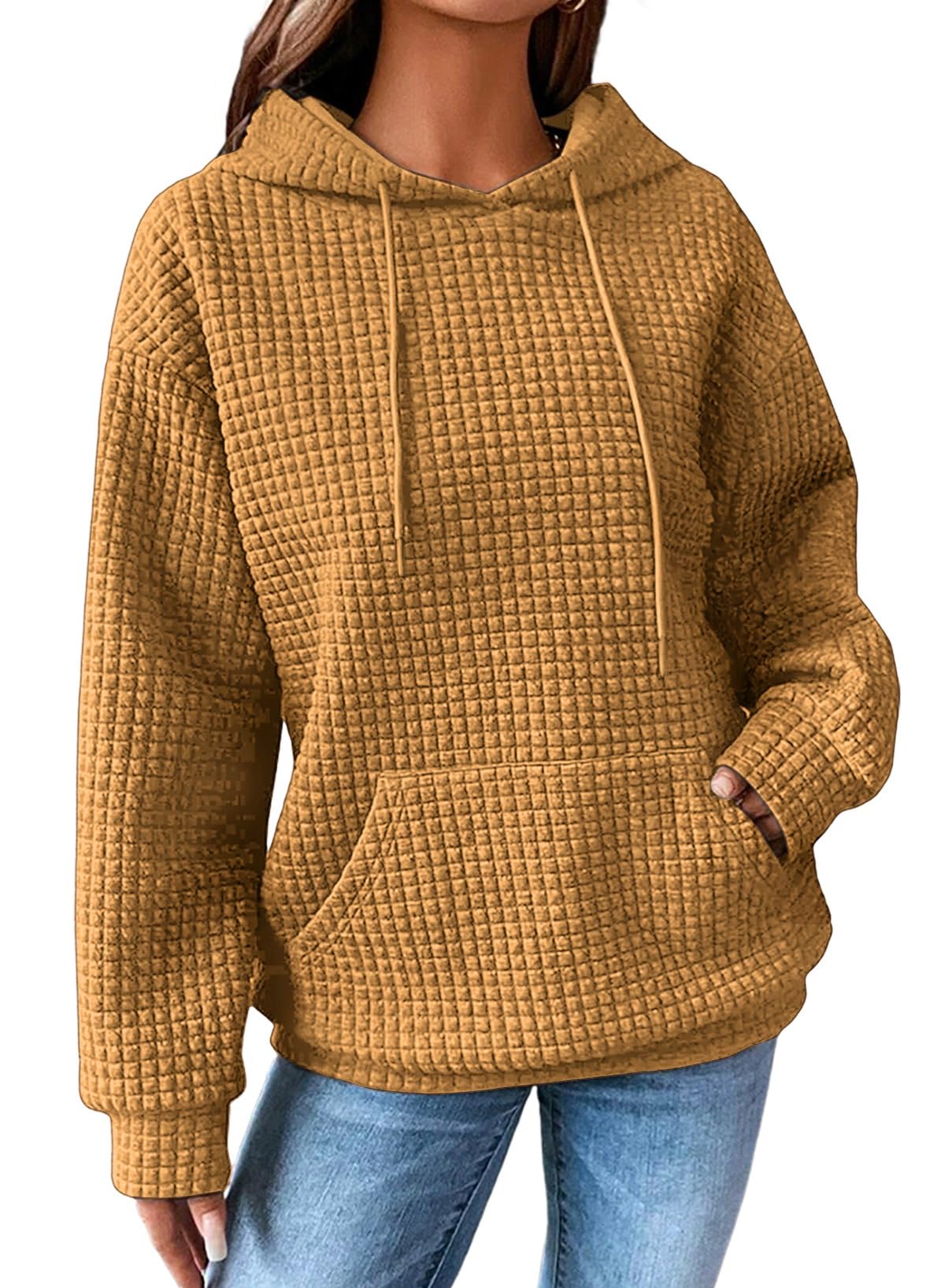 SHEWIN Women Fall Waffle Hoodies Pullover Tops Hooded Sweatshirt
