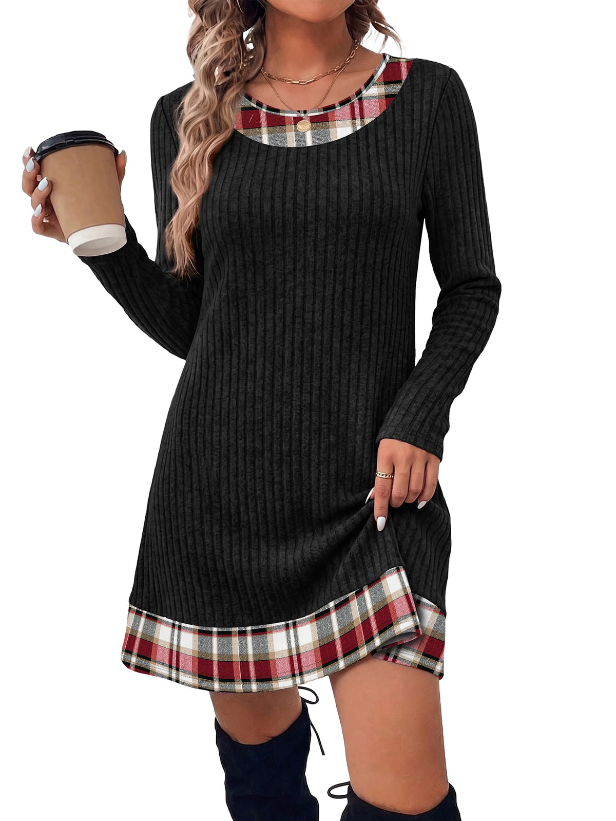 OFEEFAN Fall Dresses for Women 2026 Long Sleeve Sweater Dress Color Block
