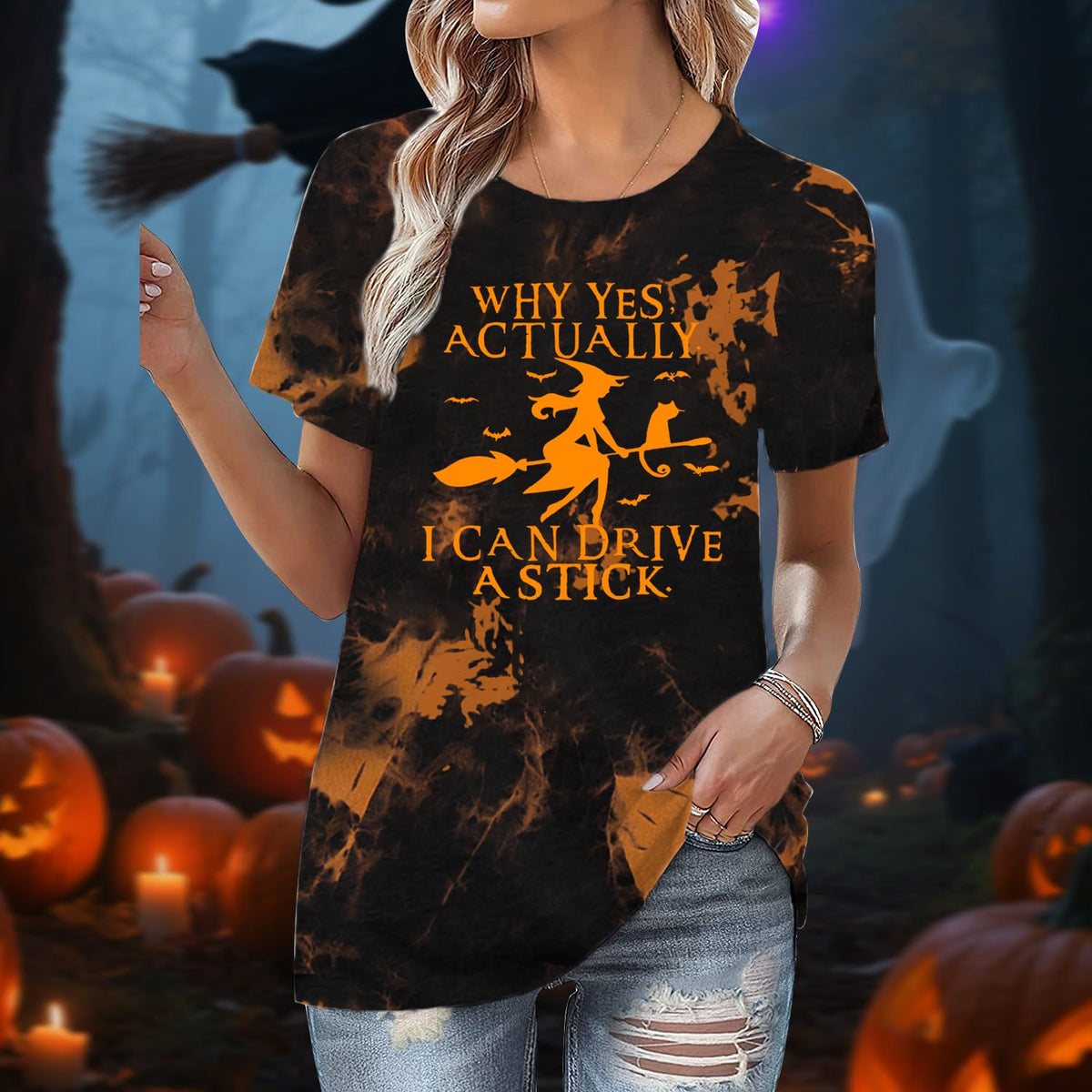Women Halloween Shirt Why Yes I Can Drive A Stick Tshirt Halloween Witch Sarcastic Tee Tops