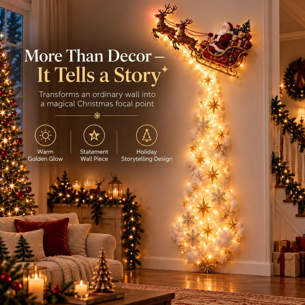 Christmas Magic Trail Wall Light -3D LED Glowing Christmas Scene Wall Decoration, Santa Sleigh Reindeer Hanging Decoration Indoor Holiday Decor for Living Room, Festive Xmas Gift，Train