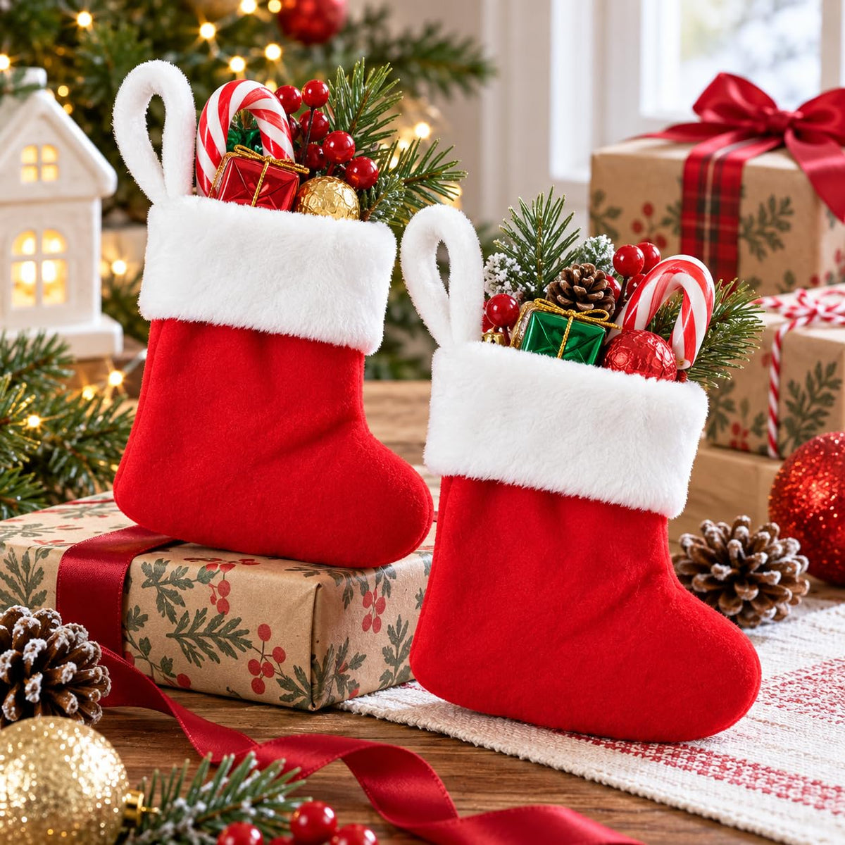 6 Pack Christmas Stockings18 Large Red Plush Christmas Stockings with White Faux Fur Cuff, Soft Thick Xmas Hanging Stockings for Fireplace Mantel, Family Holiday Decorations