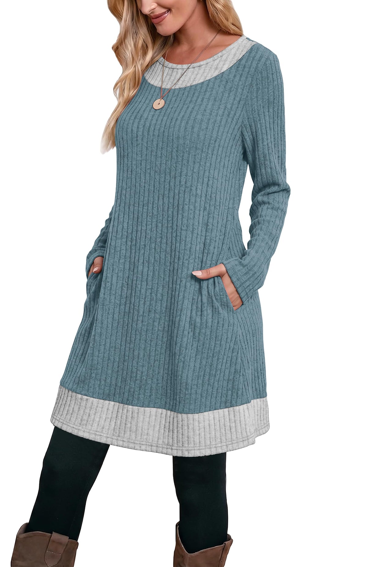 OFEEFAN Fall Dresses for Women 2026 Long Sleeve Sweater Dress Color Block