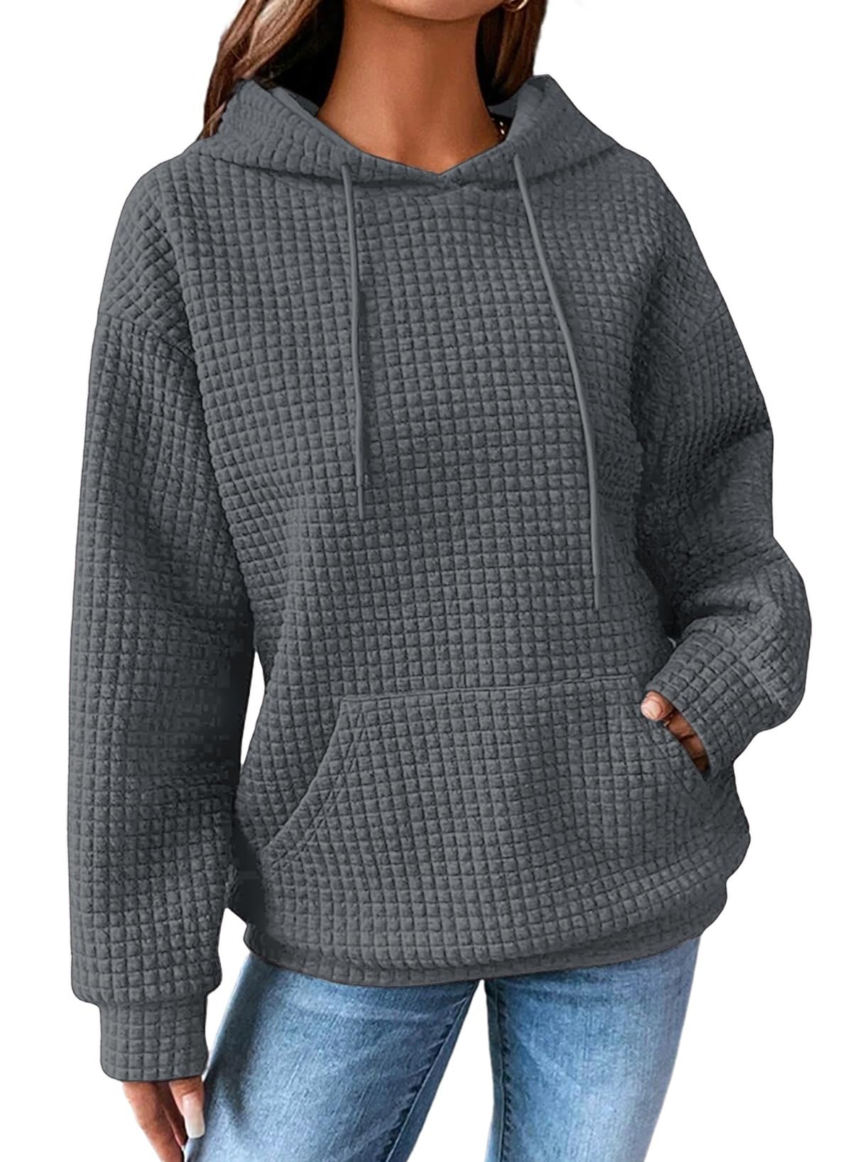 SHEWIN Women Fall Waffle Hoodies Pullover Tops Hooded Sweatshirt