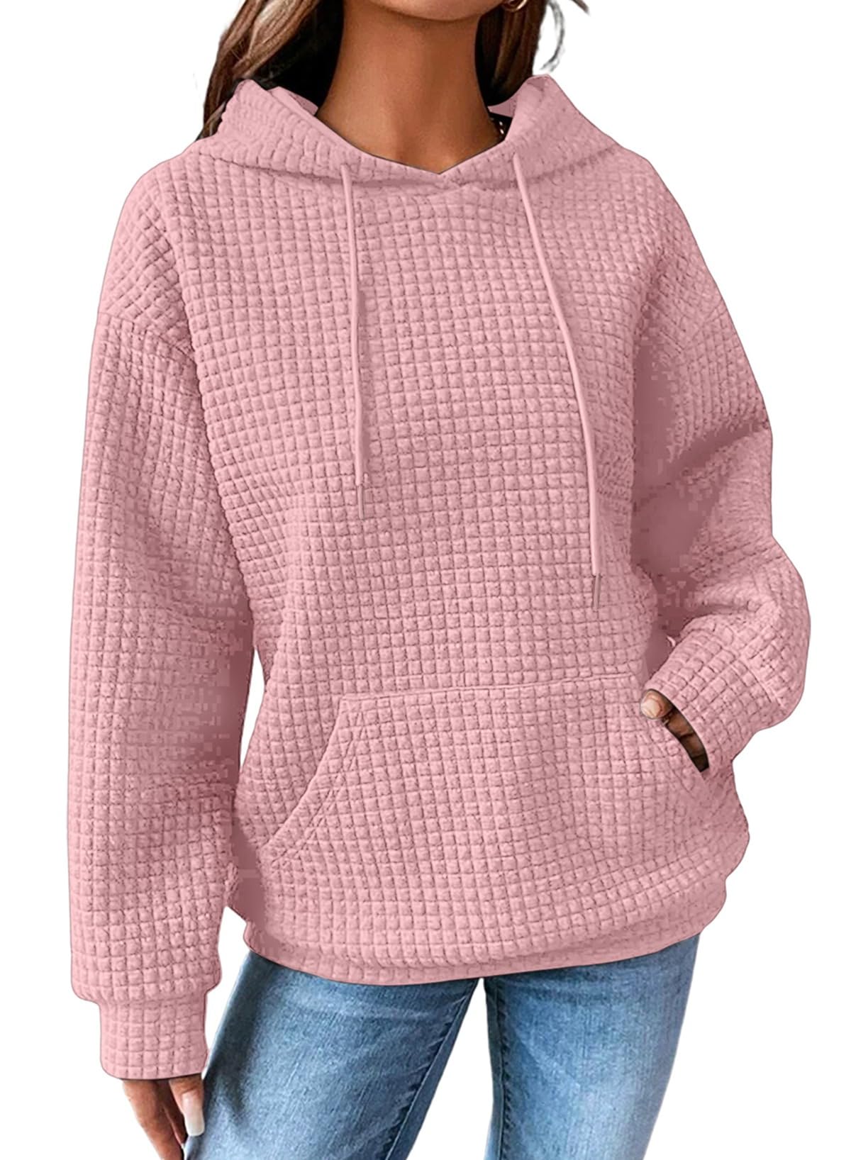 SHEWIN Women Fall Waffle Hoodies Pullover Tops Hooded Sweatshirt