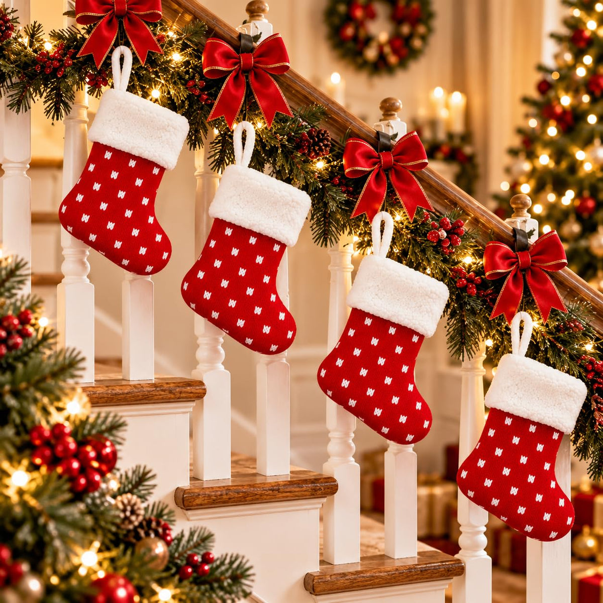 6 Pack Christmas Stockings18 Large Red Plush Christmas Stockings with White Faux Fur Cuff, Soft Thick Xmas Hanging Stockings for Fireplace Mantel, Family Holiday Decorations
