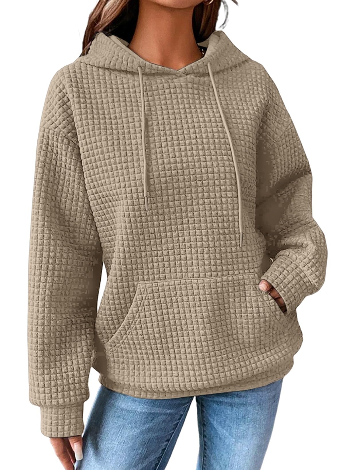SHEWIN Women Fall Waffle Hoodies Pullover Tops Hooded Sweatshirt