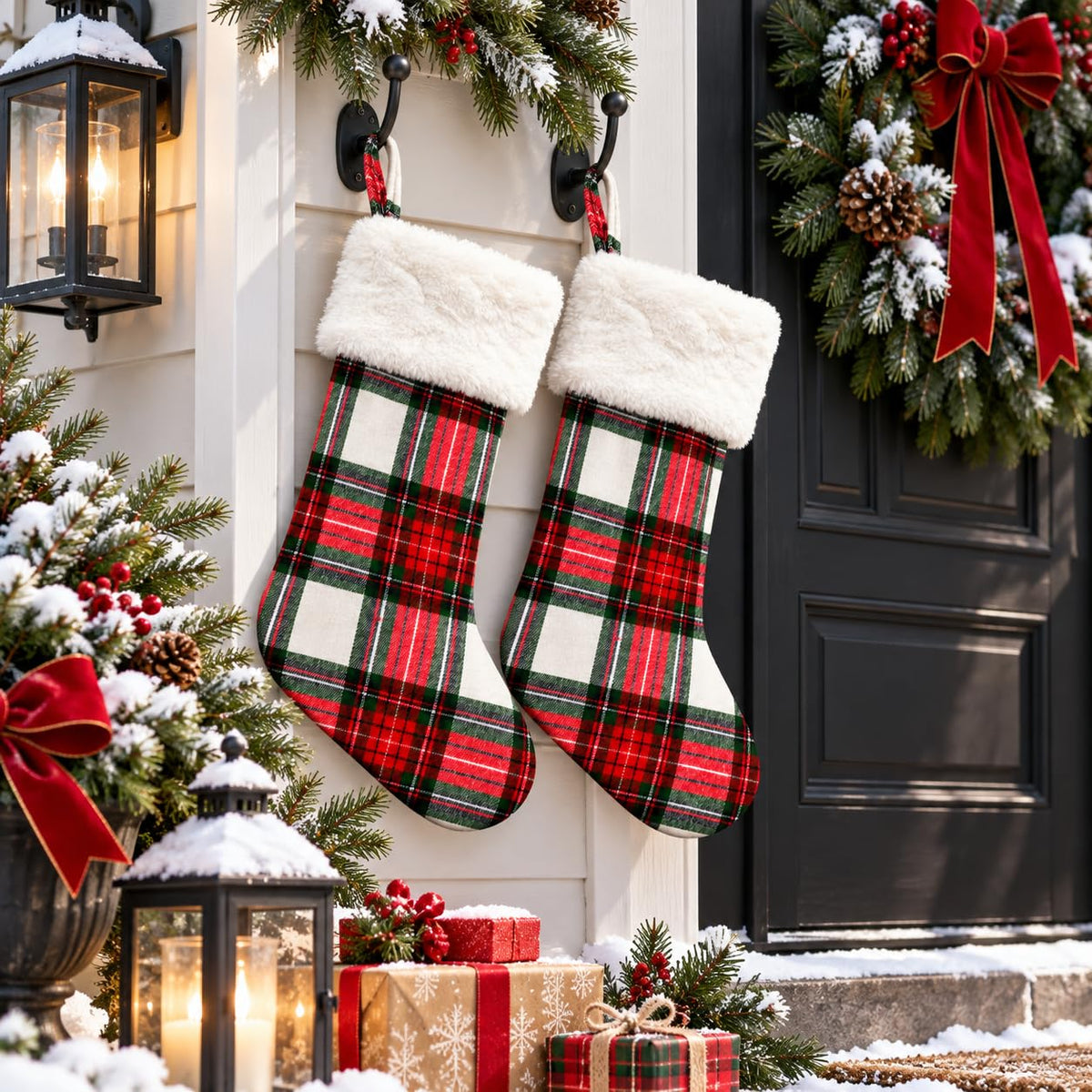 6 Pack Christmas Stockings18 Large Red Plush Christmas Stockings with White Faux Fur Cuff, Soft Thick Xmas Hanging Stockings for Fireplace Mantel, Family Holiday Decorations