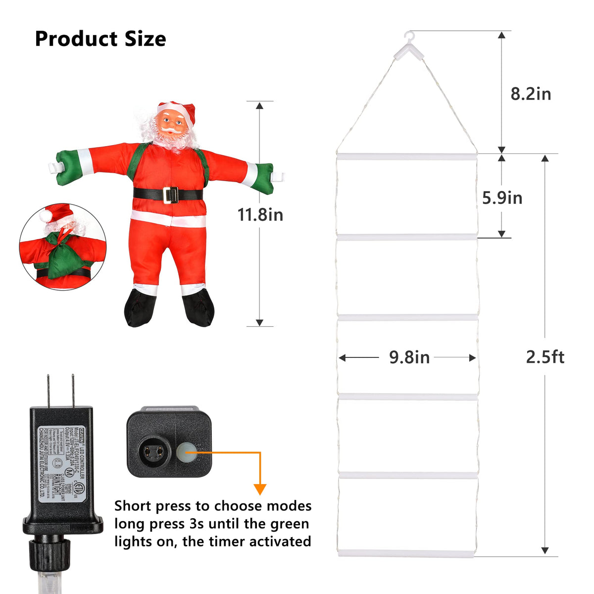 Toodour LED Christmas Lights - 10ft Christmas Decorative Ladder Lights with Santa Claus, Xmas Decorations Light for Indoor Outdoor, Window, Garden, Home, Wall, Xmas Tree Decor - Warm White