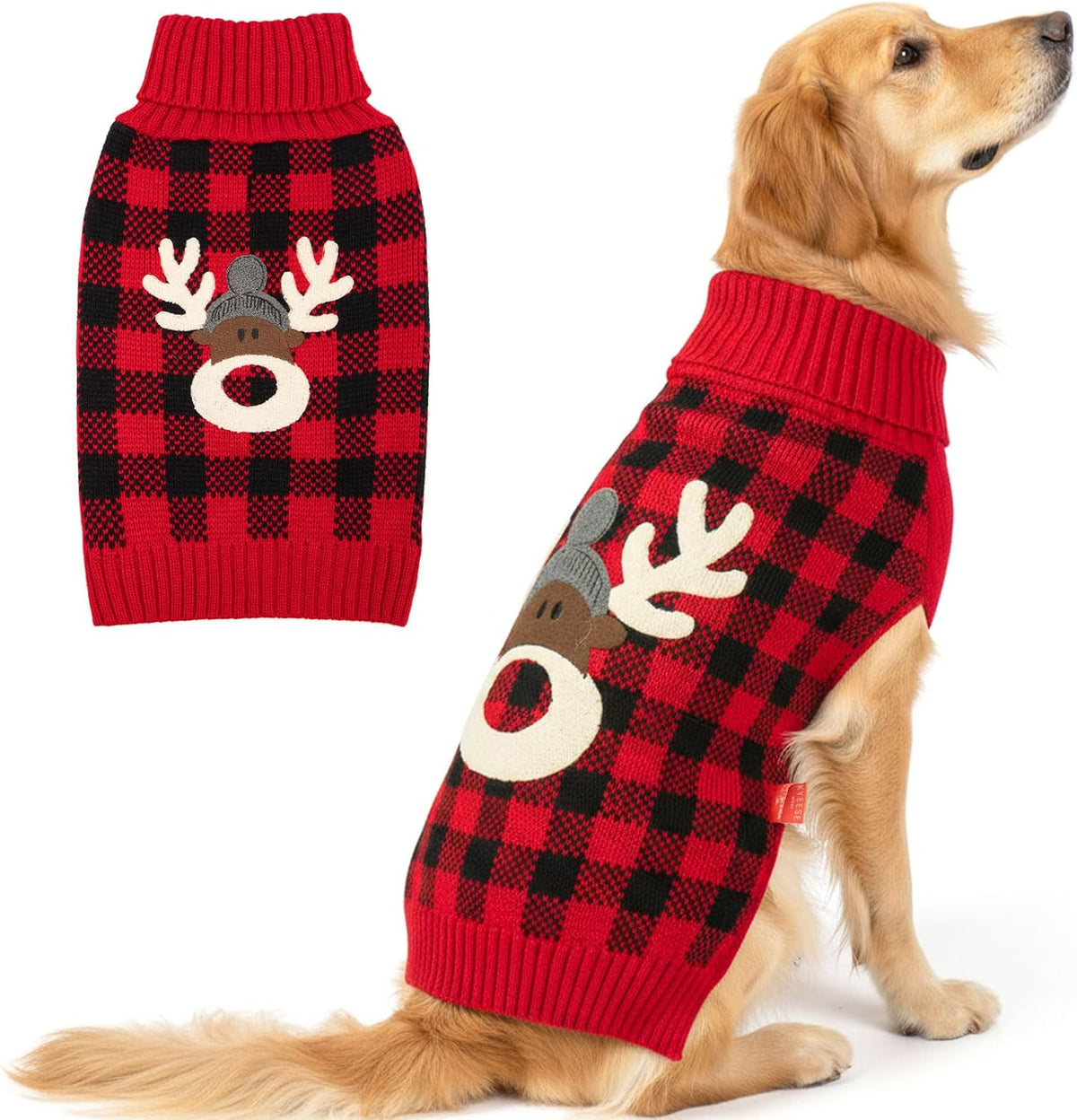 KYEESE Dog Christmas Sweater for Medium Large Dogs, Buffalo Plaid Reindeer