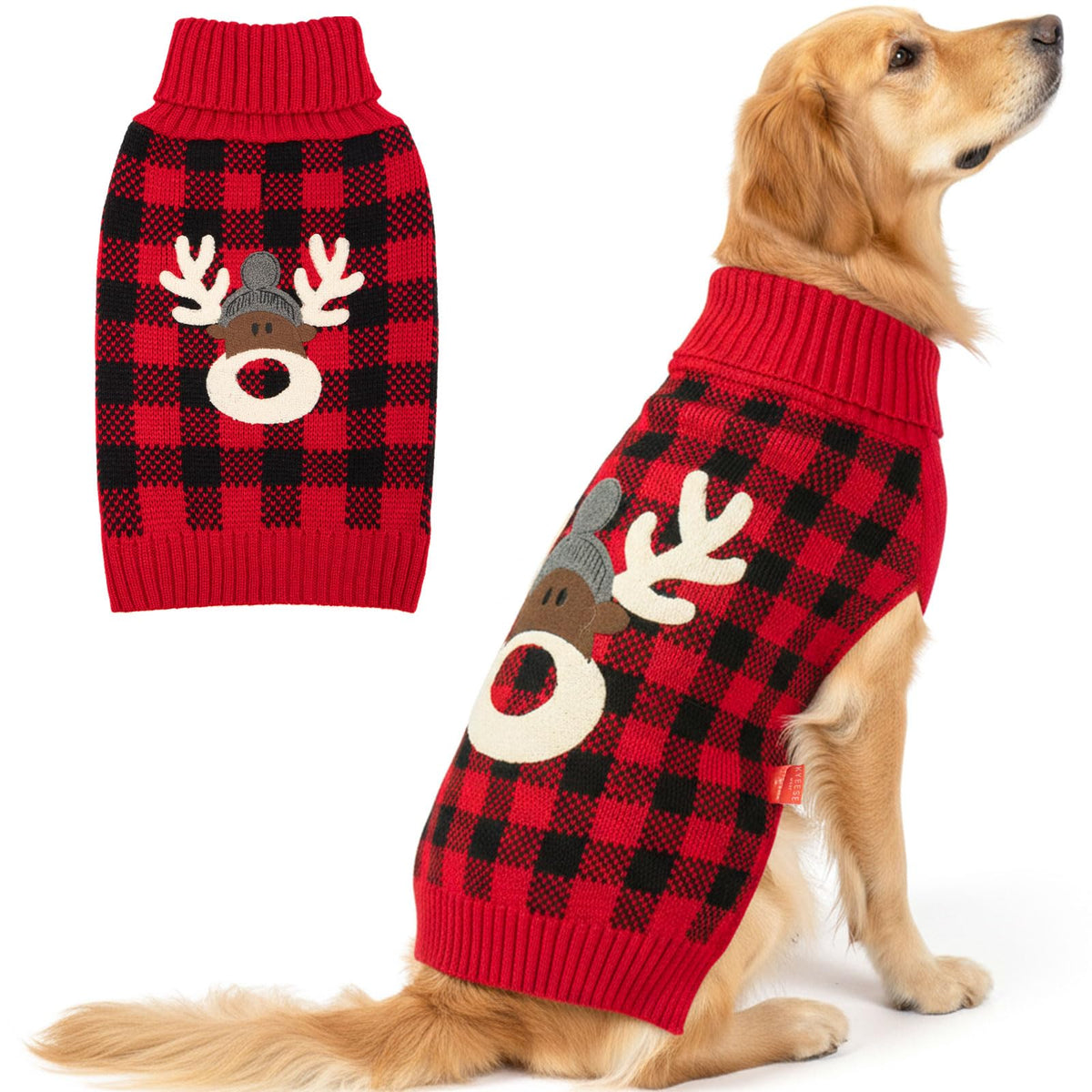 KYEESE Dog Christmas Sweater for Medium Large Dogs, Buffalo Plaid Reindeer