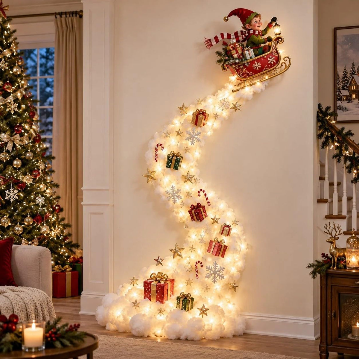 Christmas Magic Trail Wall Light -3D LED Glowing Christmas Scene Wall Decoration, Santa Sleigh Reindeer Hanging Decoration Indoor Holiday Decor for Living Room, Festive Xmas Gift，Train
