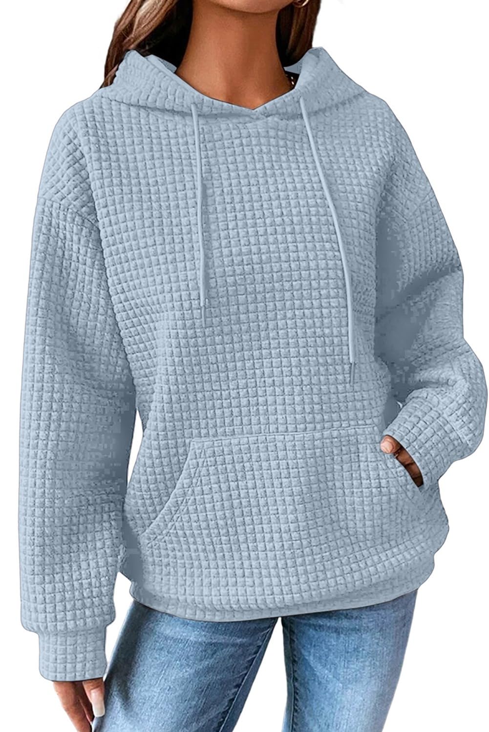 SHEWIN Women Fall Waffle Hoodies Pullover Tops Hooded Sweatshirt