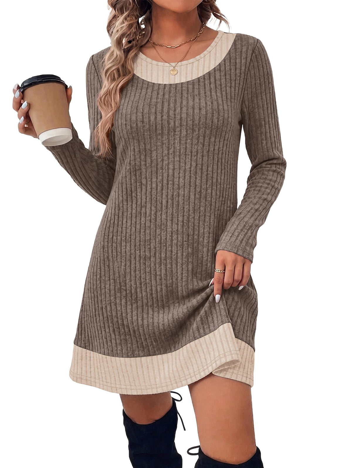 OFEEFAN Fall Dresses for Women 2026 Long Sleeve Sweater Dress Color Block