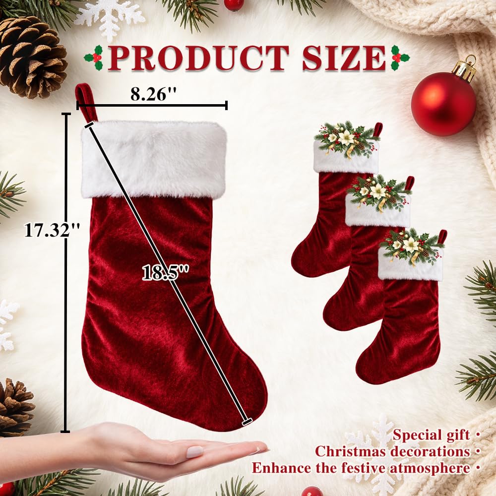 6 Pack Christmas Stockings18 Large Red Plush Christmas Stockings with White Faux Fur Cuff, Soft Thick Xmas Hanging Stockings for Fireplace Mantel, Family Holiday Decorations