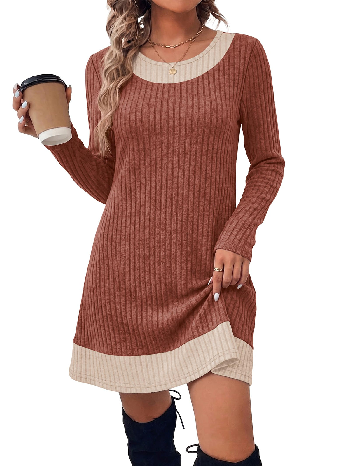 OFEEFAN Fall Dresses for Women 2026 Long Sleeve Sweater Dress Color Block