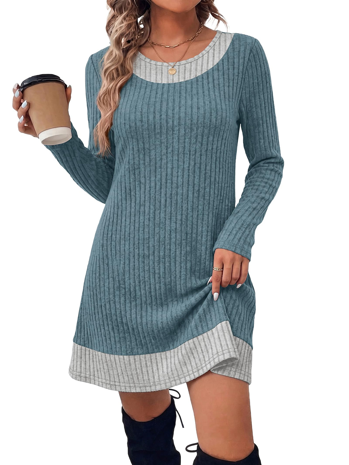 OFEEFAN Fall Dresses for Women 2026 Long Sleeve Sweater Dress Color Block