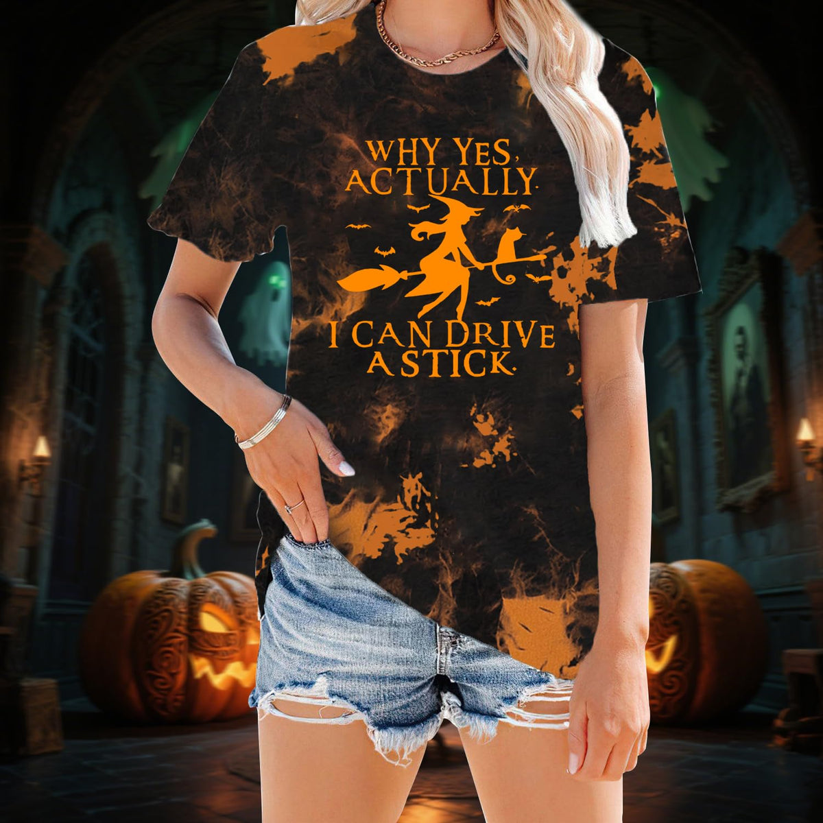 Women Halloween Shirt Why Yes I Can Drive A Stick Tshirt Halloween Witch Sarcastic Tee Tops