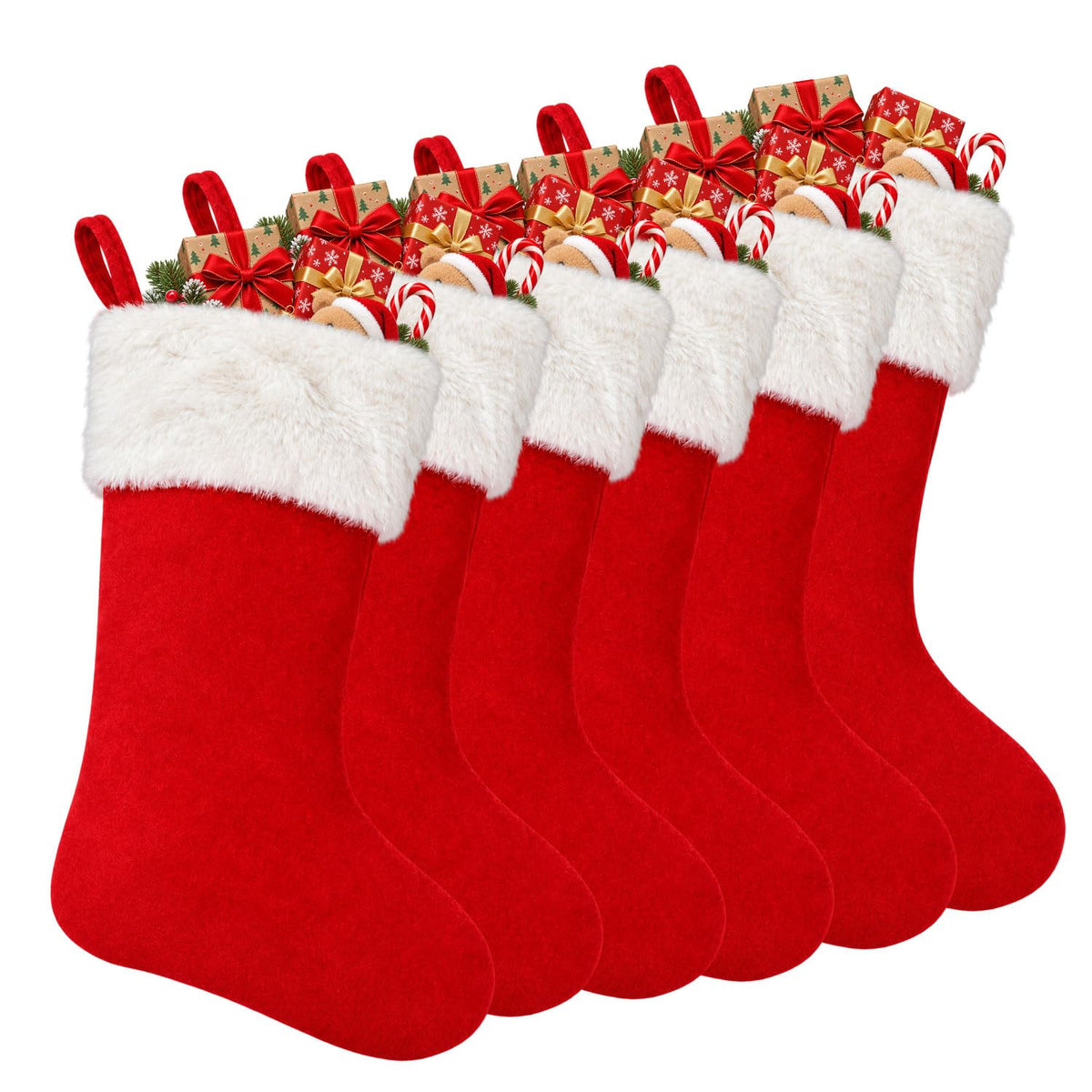 6 Pack Christmas Stockings18 Large Red Plush Christmas Stockings with White Faux Fur Cuff, Soft Thick Xmas Hanging Stockings for Fireplace Mantel, Family Holiday Decorations