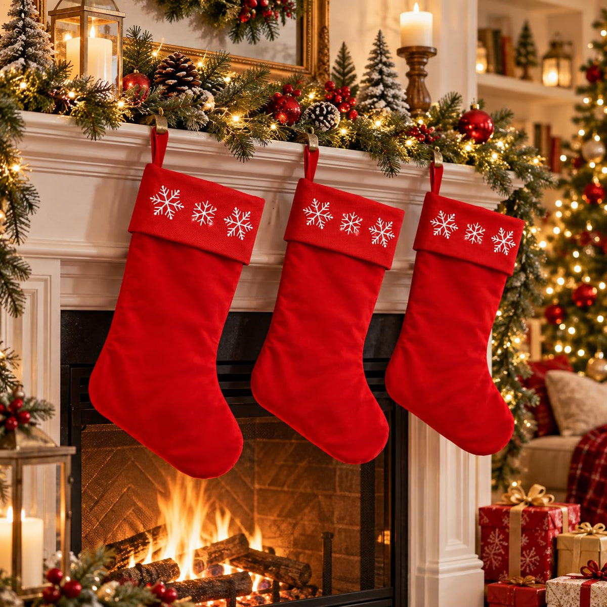 6 Pack Christmas Stockings18 Large Red Plush Christmas Stockings with White Faux Fur Cuff, Soft Thick Xmas Hanging Stockings for Fireplace Mantel, Family Holiday Decorations