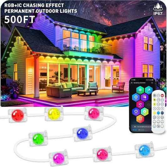 500FT Permanent Outdoor Lights RGB+IC, IP67 Waterproof Lighting, Outdoor Lights App Control/Remote with 16 Million Colors, Music Sync for Outdoor Decor, Garden Decor, Holiday, House, Party
