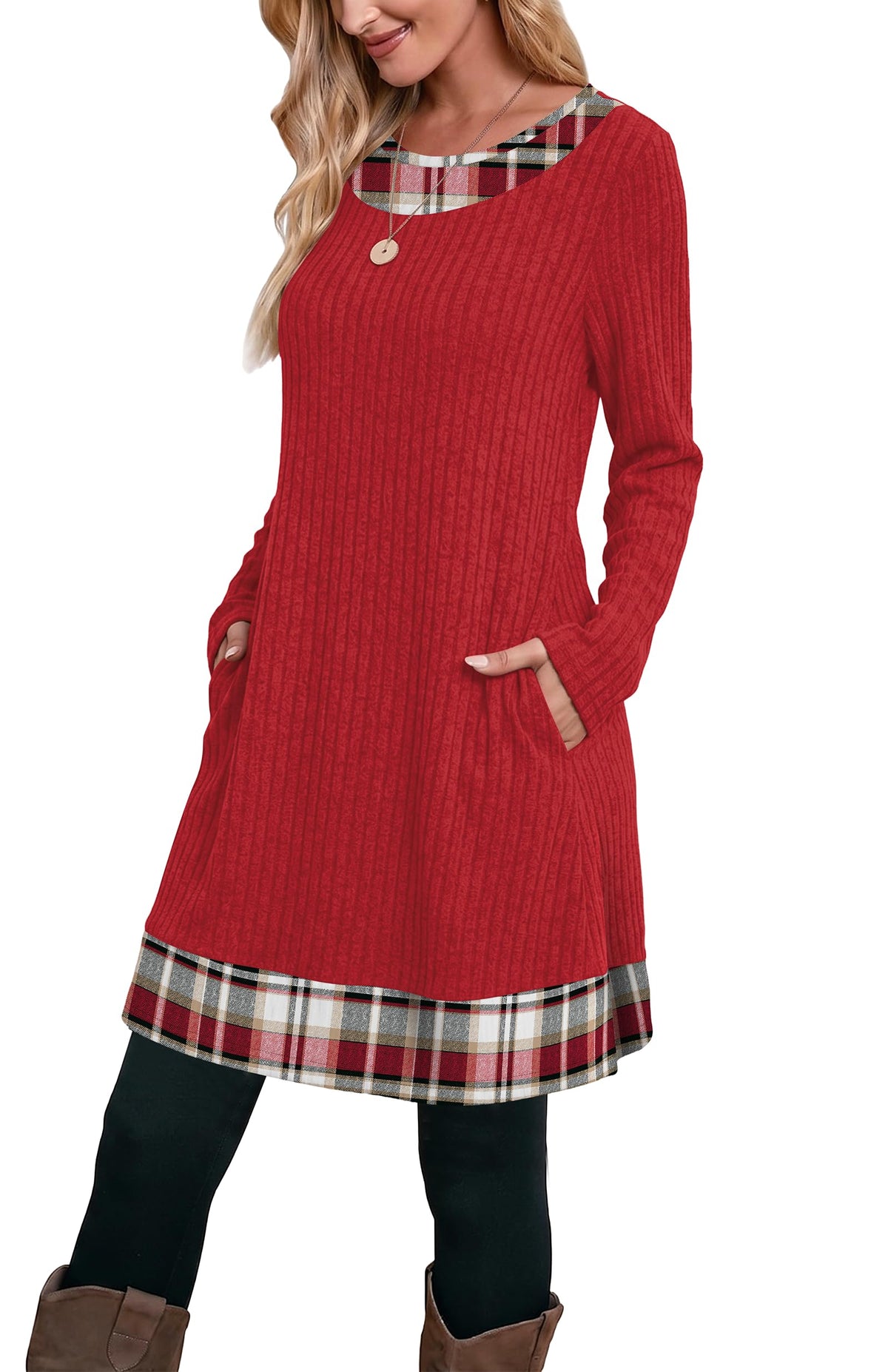 OFEEFAN Fall Dresses for Women 2026 Long Sleeve Sweater Dress Color Block