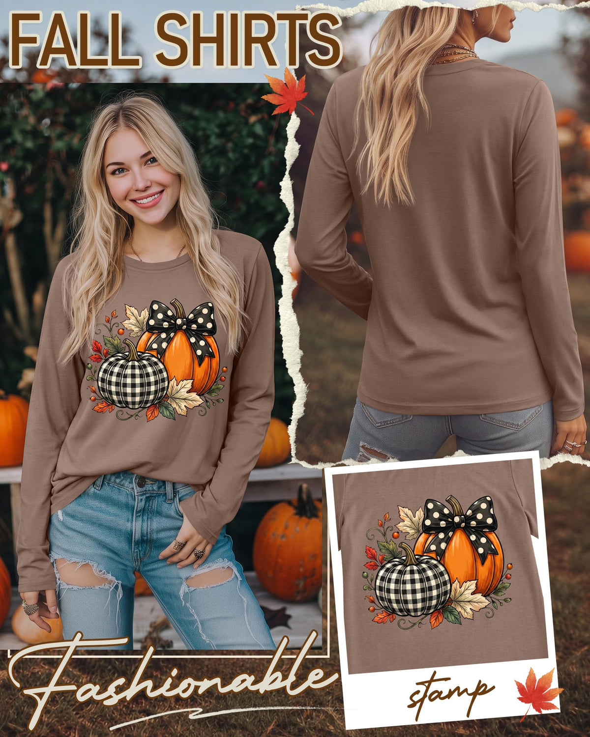 Huukeay Fall Shirts for Women Pumpkin Long Sleeve Tops