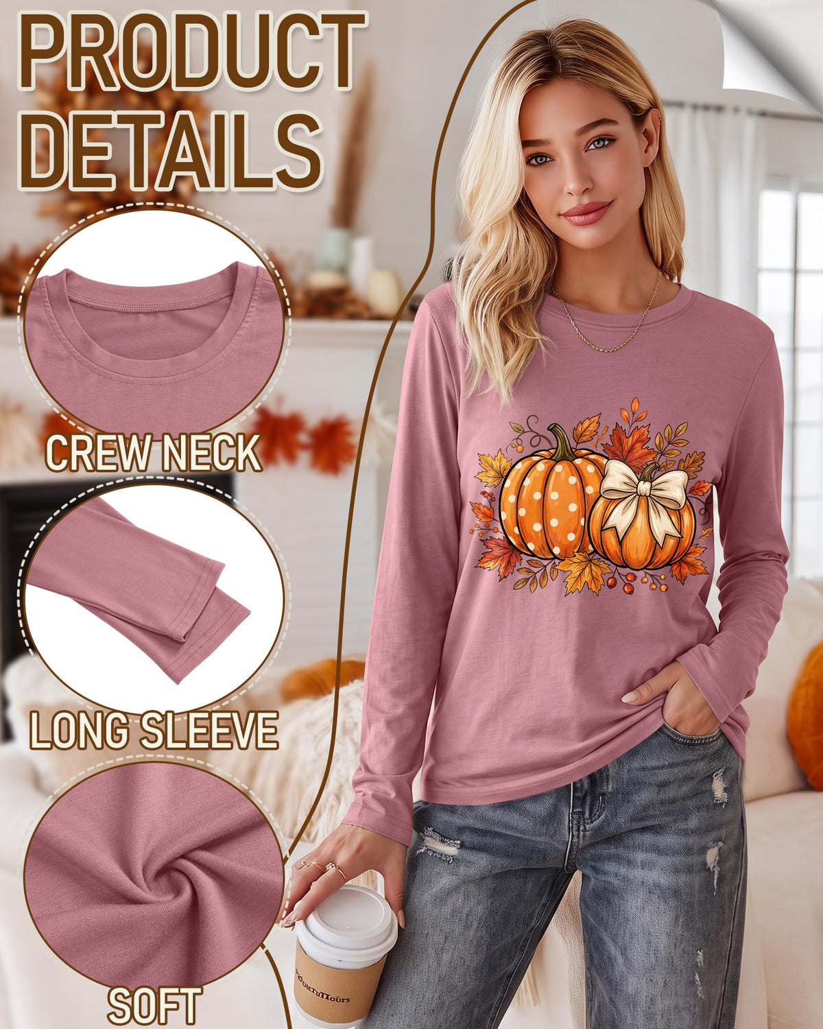 Huukeay Fall Shirts for Women Pumpkin Long Sleeve Tops