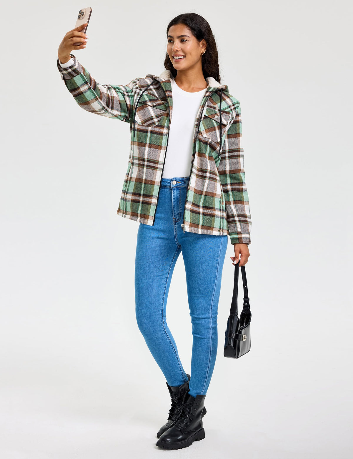 MoFiz Women Fleece Zip Up Hoodie Flannel Plaid Jacket With Pocket