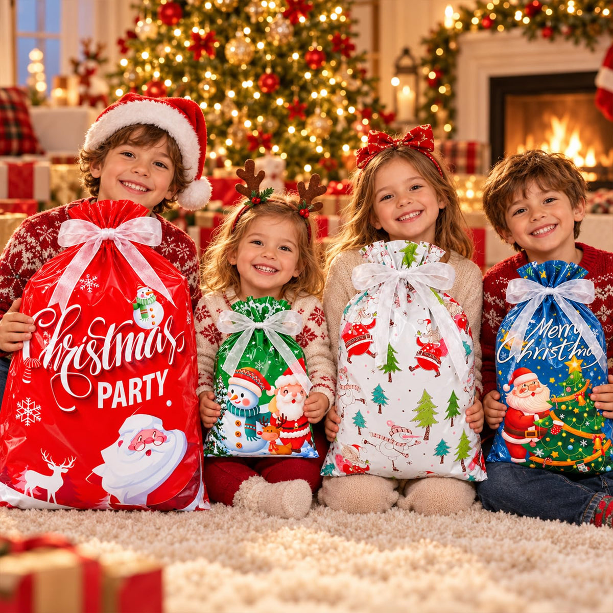 35PCS Christmas Drawstring Gift Bags, Assorted Sizes Small Medium Large