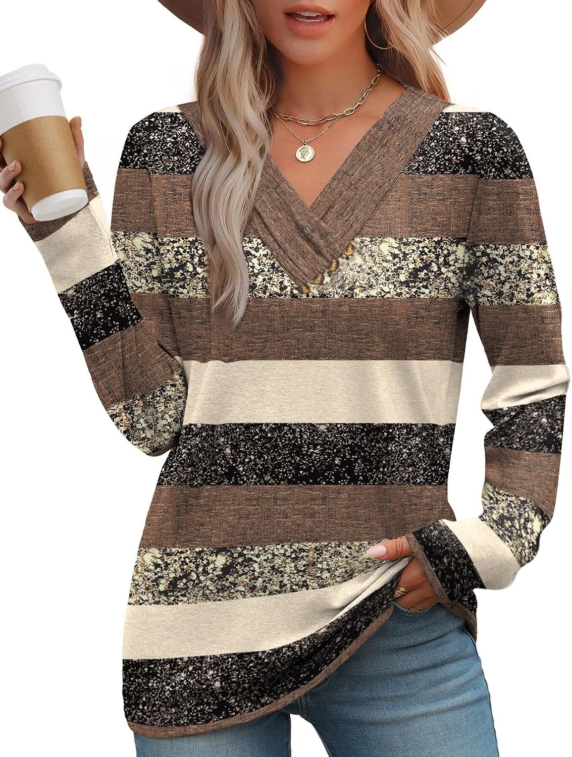 Women's V-Neck Long Sleeve Button Down Tunic Top