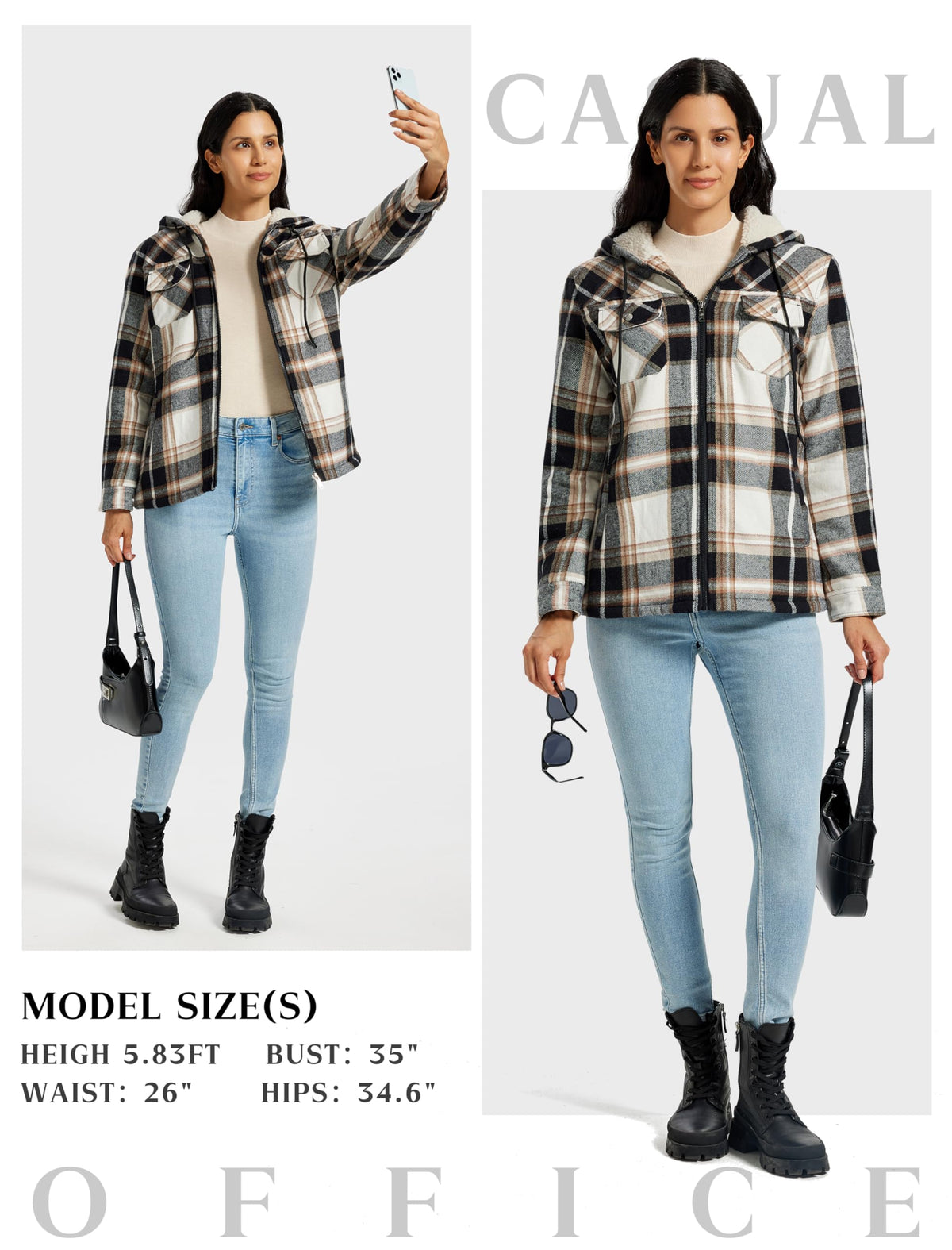 MoFiz Women Fleece Zip Up Hoodie Flannel Plaid Jacket With Pocket
