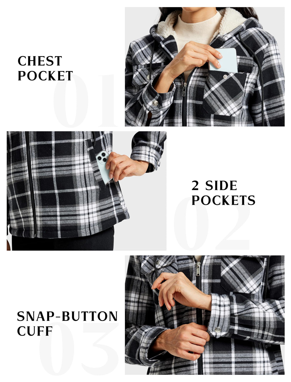 MoFiz Women Fleece Zip Up Hoodie Flannel Plaid Jacket With Pocket
