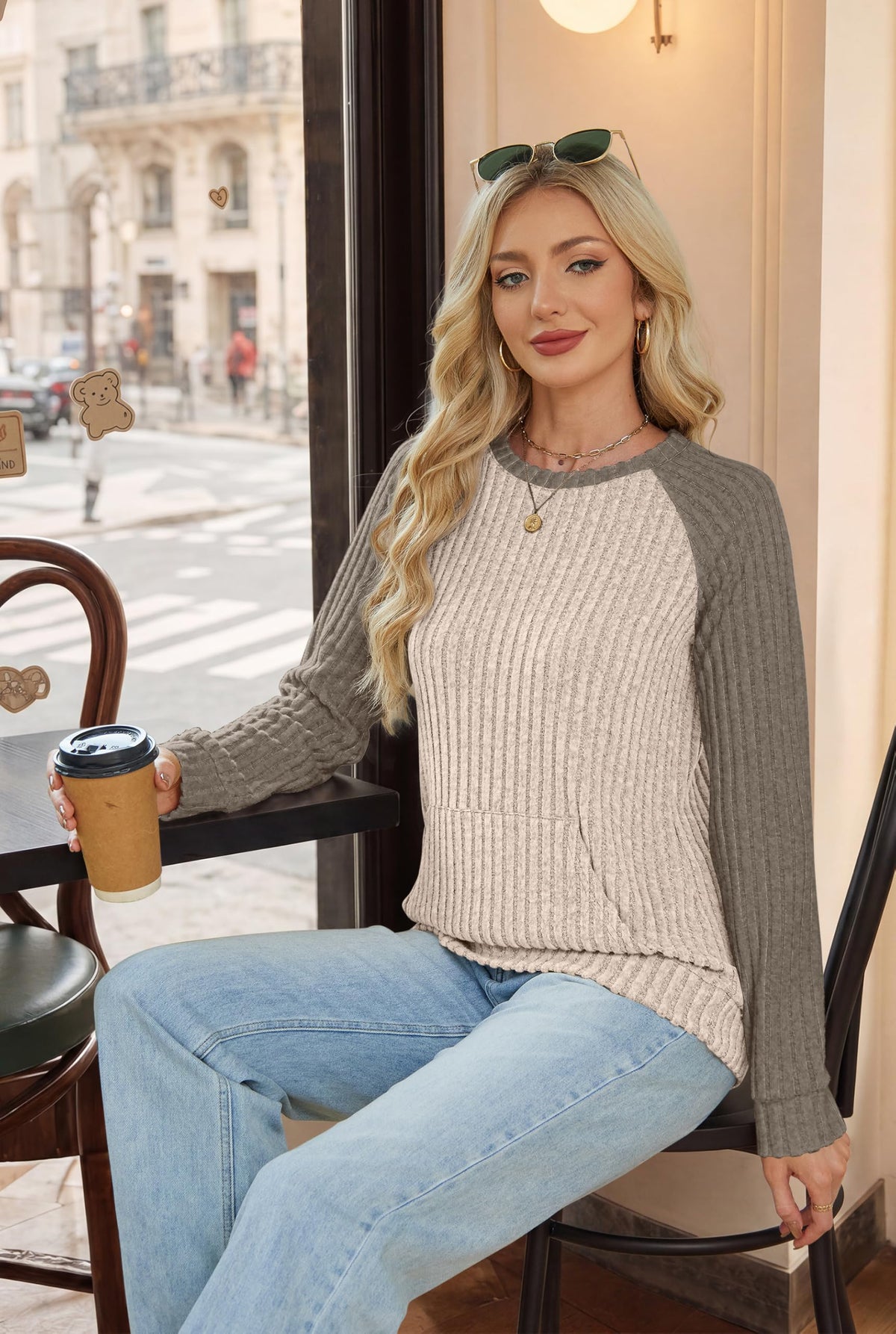 OFEEFAN Womens Fall Fashion 2026 Long Sleeve Tops Oversized Sweaters Winter Clothing with Pocket Color Block Tunics