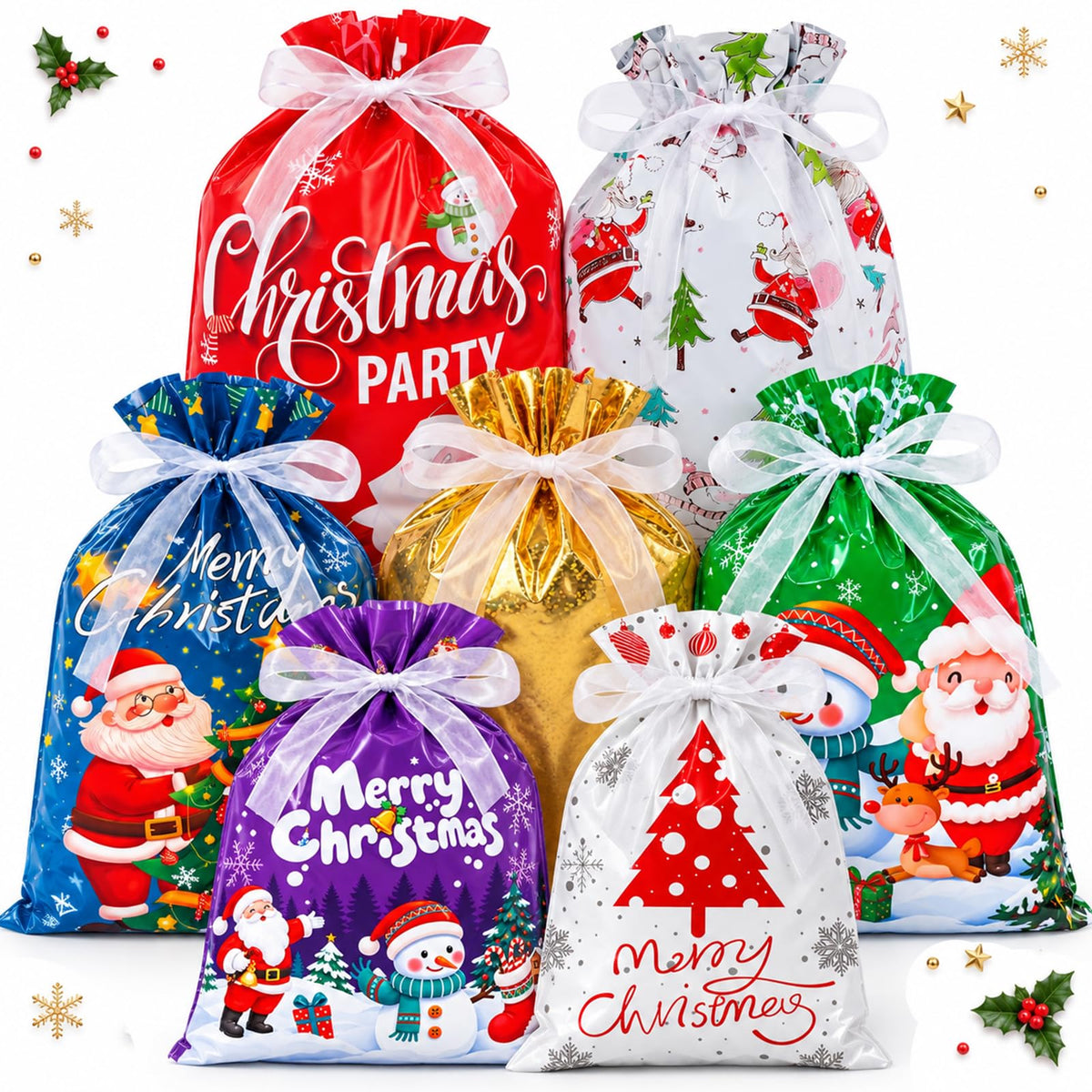 35PCS Christmas Drawstring Gift Bags, Assorted Sizes Small Medium Large