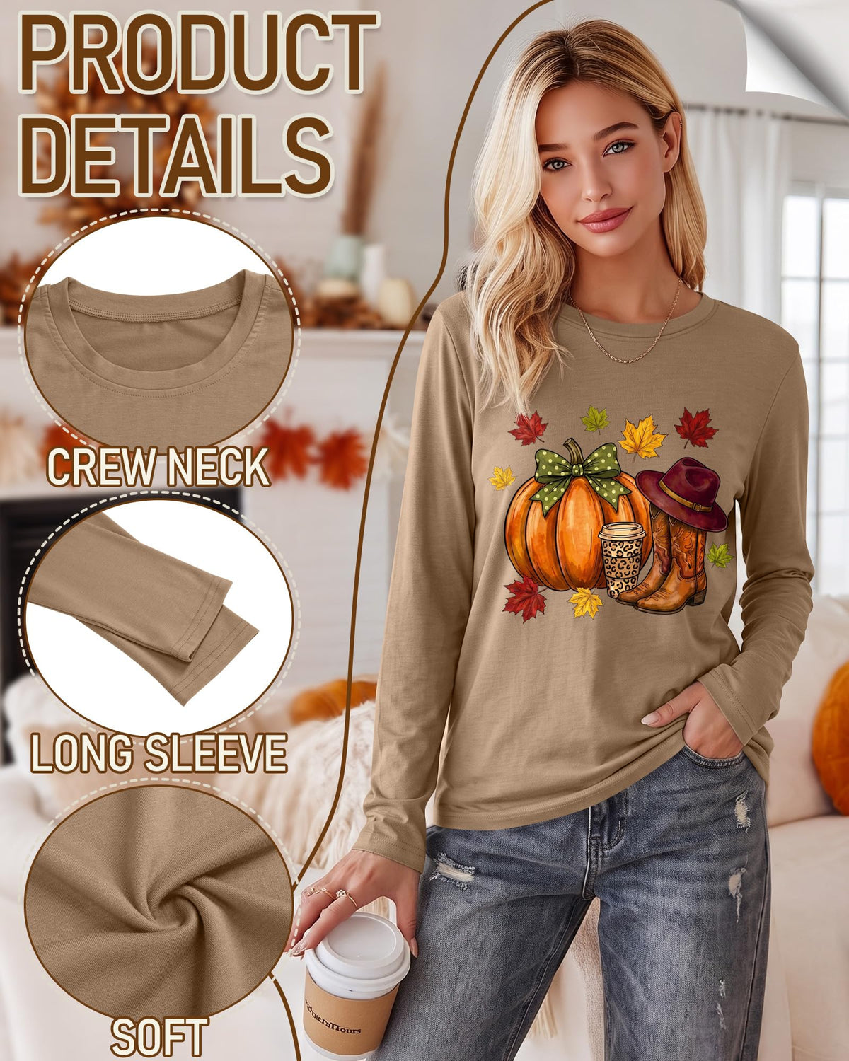 Huukeay Fall Shirts for Women Pumpkin Long Sleeve Tops