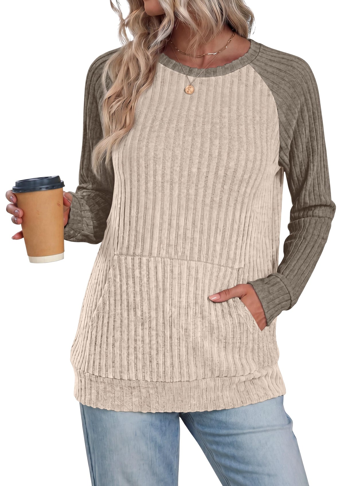 OFEEFAN Womens Fall Fashion 2026 Long Sleeve Tops Oversized Sweaters Winter Clothing with Pocket Color Block Tunics