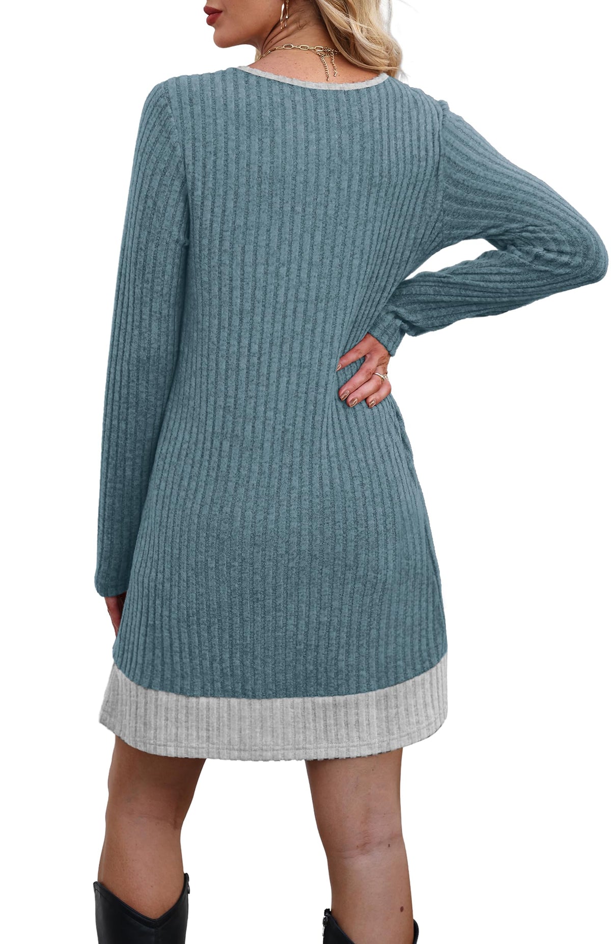 OFEEFAN Fall Dresses for Women 2026 Long Sleeve Sweater Dress Color Block