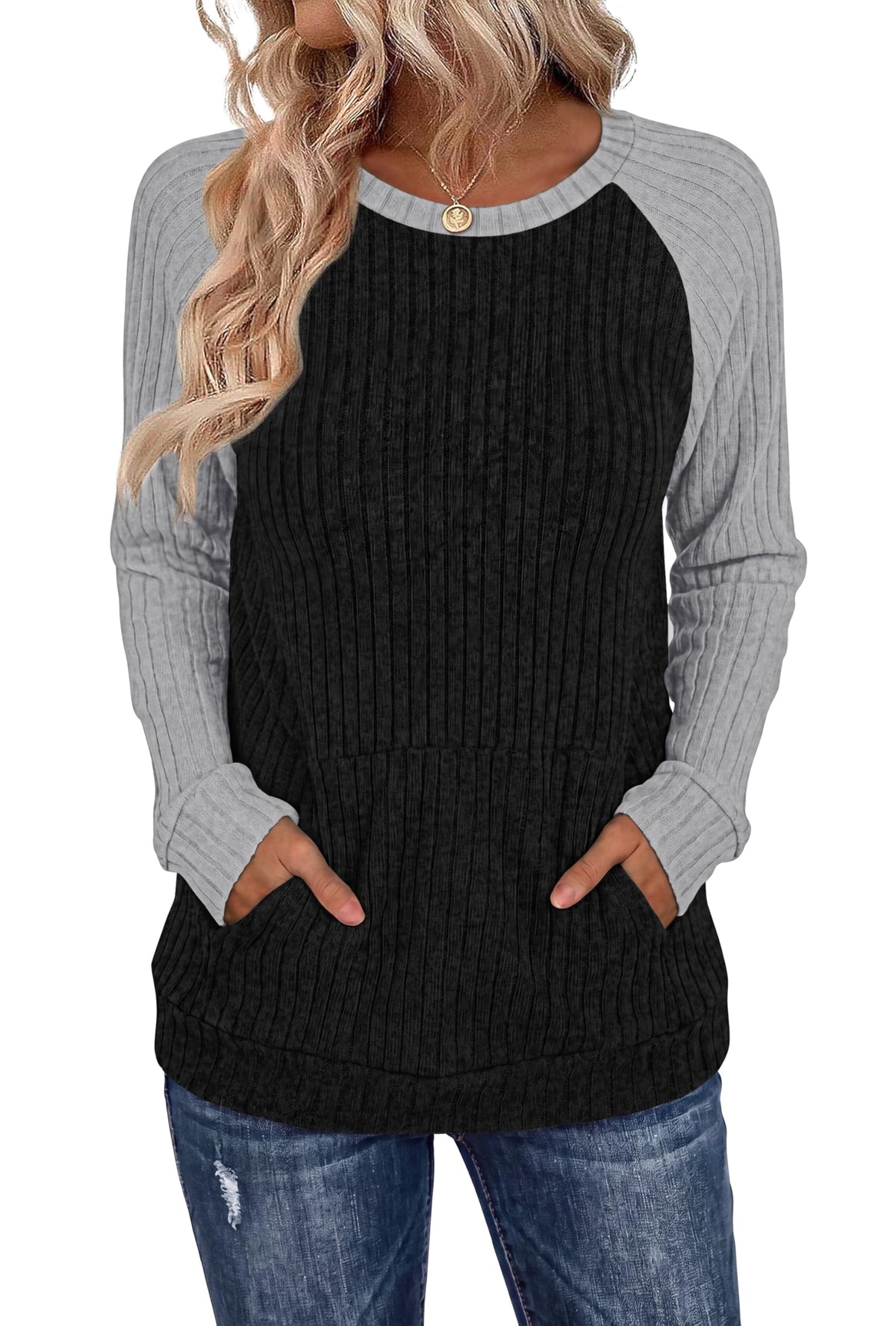 OFEEFAN Womens Fall Fashion 2026 Long Sleeve Tops Oversized Sweaters Winter Clothing with Pocket Color Block Tunics
