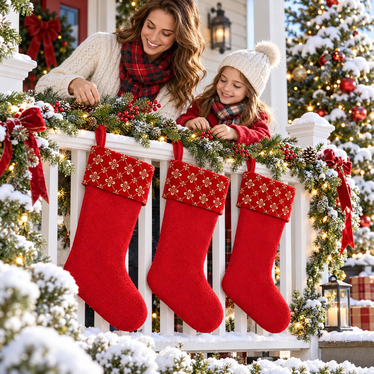 6 Pack Christmas Stockings18 Large Red Plush Christmas Stockings with White Faux Fur Cuff, Soft Thick Xmas Hanging Stockings for Fireplace Mantel, Family Holiday Decorations