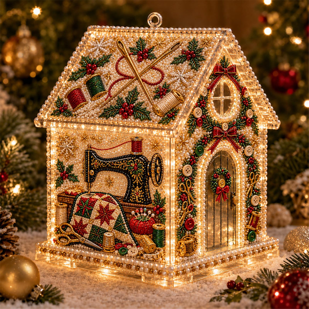 DIY Light Up Pearl Diamond Art Acrylic Cottage Kit，Christmas Village