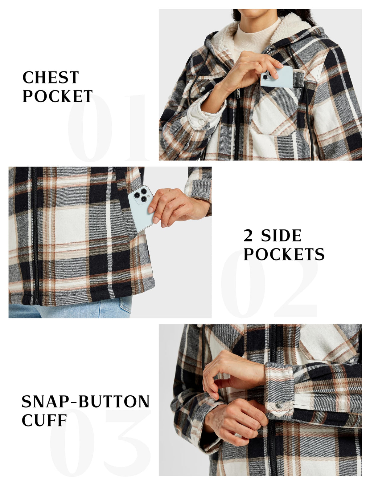 MoFiz Women Fleece Zip Up Hoodie Flannel Plaid Jacket With Pocket