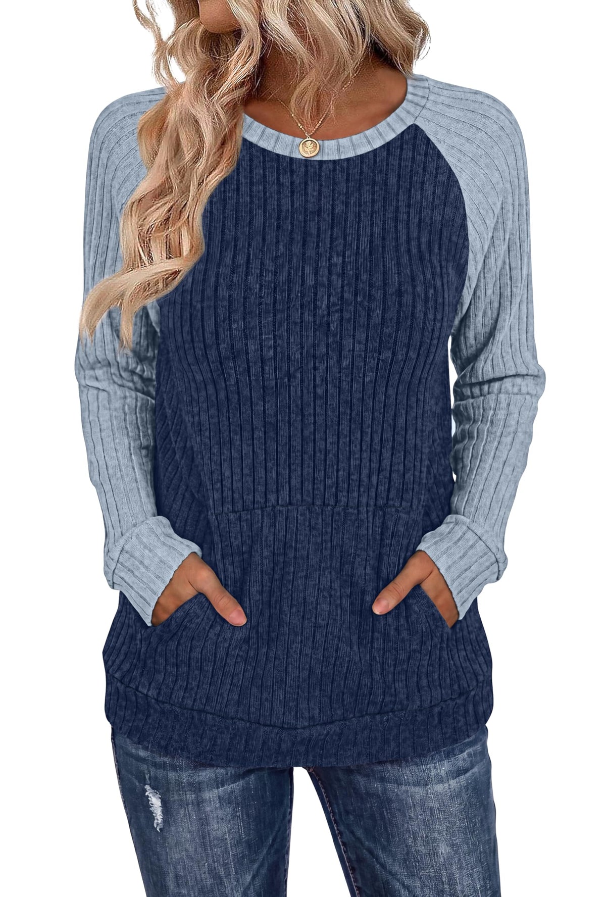 OFEEFAN Womens Fall Fashion 2026 Long Sleeve Tops Oversized Sweaters Winter Clothing with Pocket Color Block Tunics