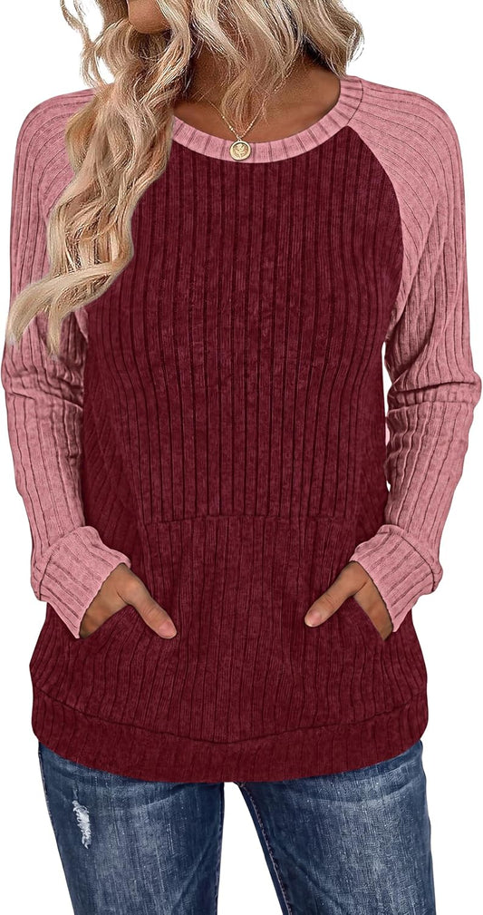 OFEEFAN Womens Fall Fashion 2026 Long Sleeve Tops Oversized Sweaters Winter Clothing with Pocket Color Block Tunics