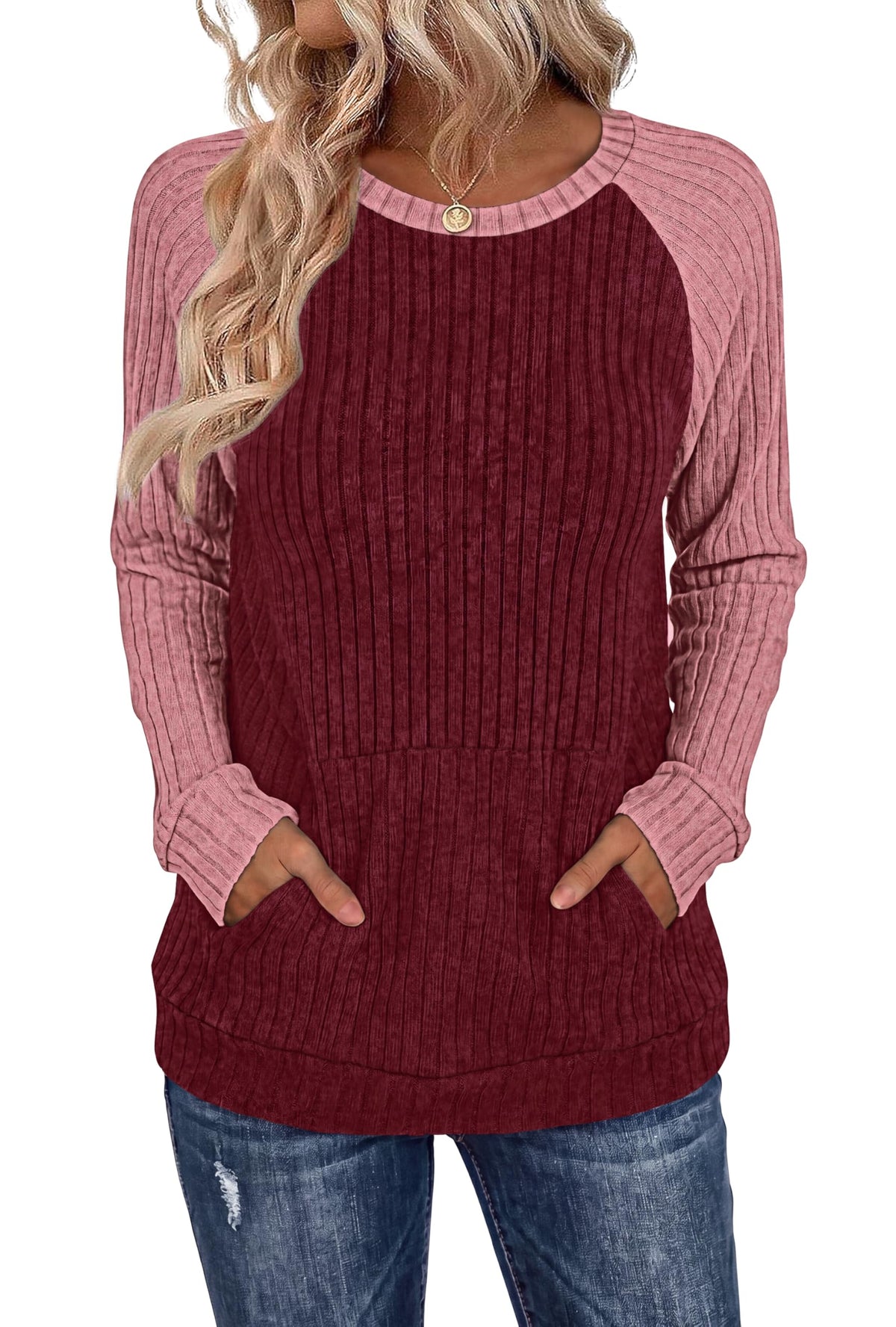 OFEEFAN Womens Fall Fashion 2026 Long Sleeve Tops Oversized Sweaters Winter Clothing with Pocket Color Block Tunics