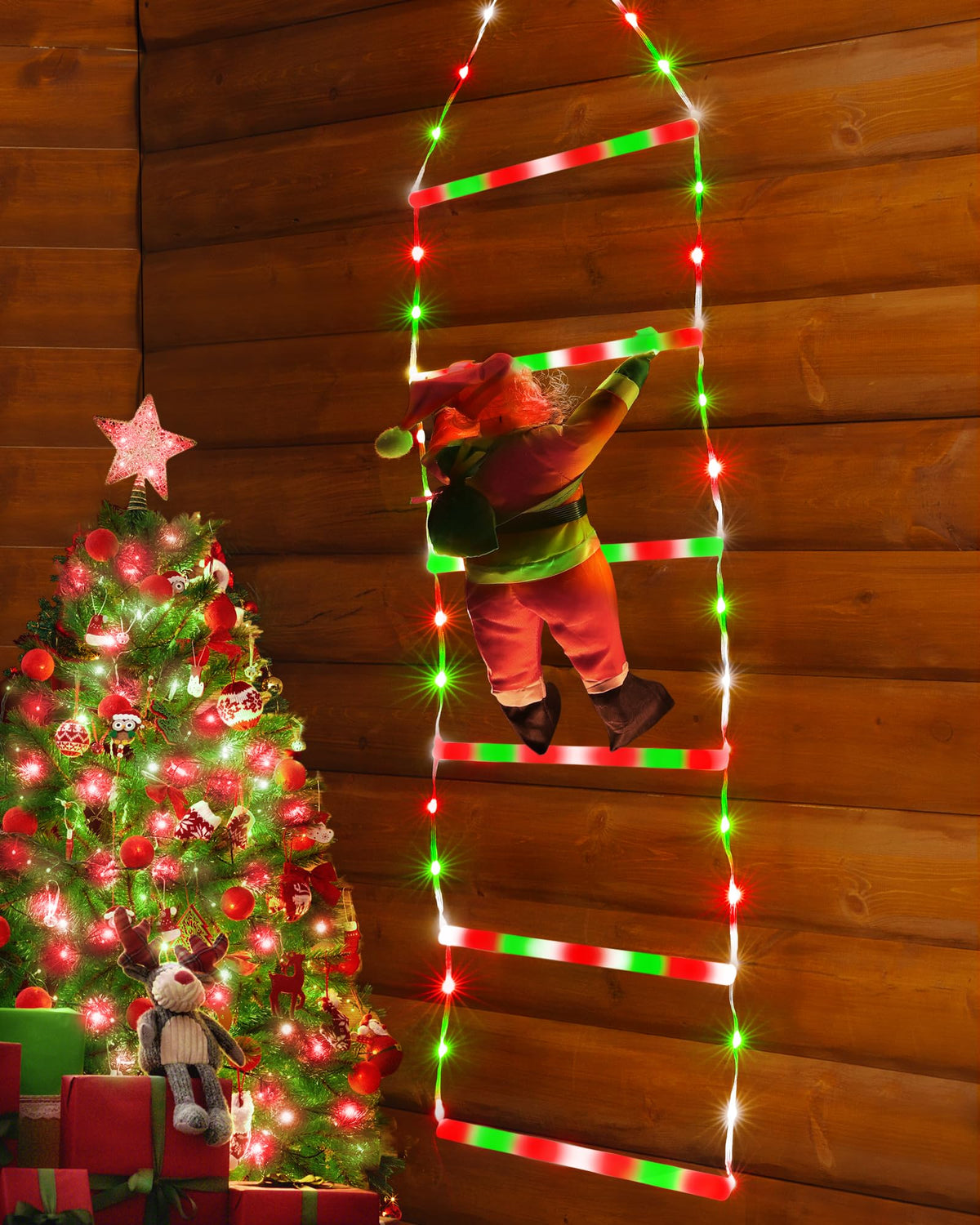 Toodour LED Christmas Lights - 10ft Christmas Decorative Ladder Lights with Santa Claus, Xmas Decorations Light for Indoor Outdoor, Window, Garden, Home, Wall, Xmas Tree Decor - Warm White