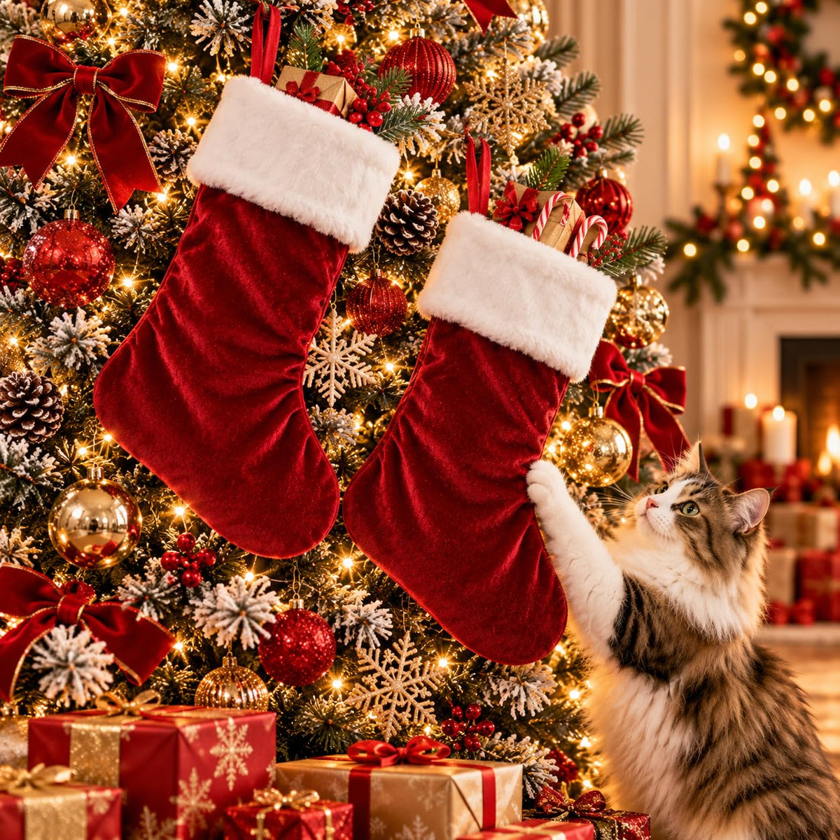 6 Pack Christmas Stockings18 Large Red Plush Christmas Stockings with White Faux Fur Cuff, Soft Thick Xmas Hanging Stockings for Fireplace Mantel, Family Holiday Decorations