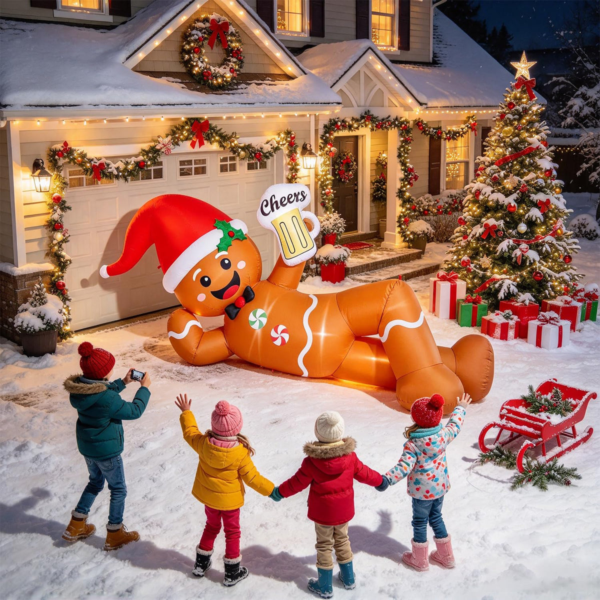 Juegoal Christmas Inflatables Outdoor Decorations, 12FT Long Inflatable Xmas Santa Claus, Lighted Blow Up Giant Lying Santa with Built in LED Lights, Light Up Holiday Winter Lawn Yard Garden Decor