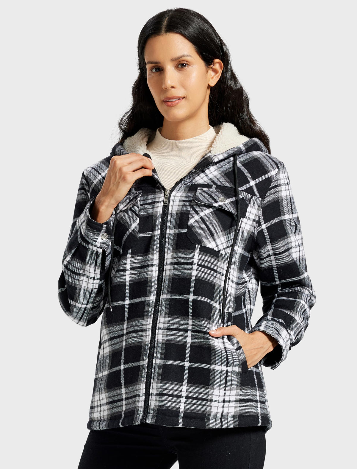 MoFiz Women Fleece Zip Up Hoodie Flannel Plaid Jacket With Pocket