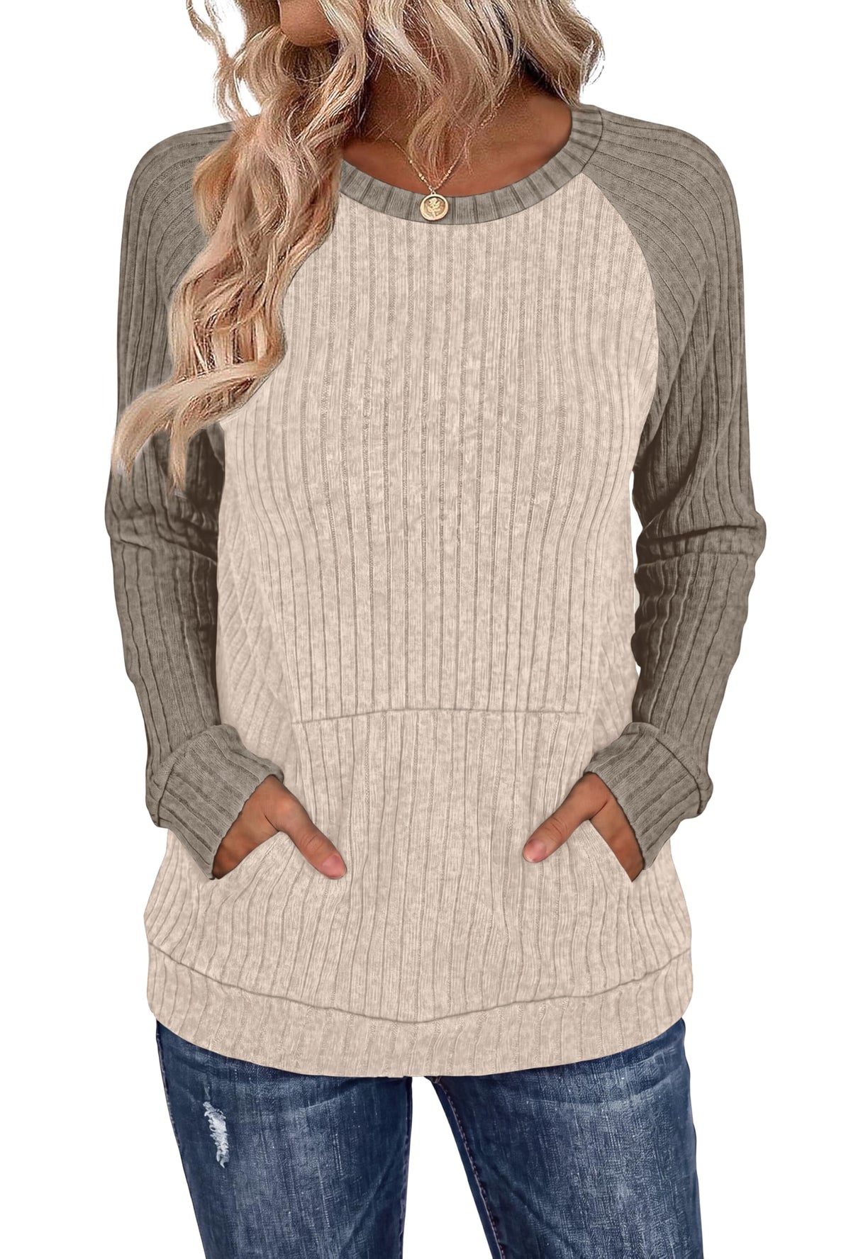 OFEEFAN Womens Fall Fashion 2026 Long Sleeve Tops Oversized Sweaters Winter Clothing with Pocket Color Block Tunics