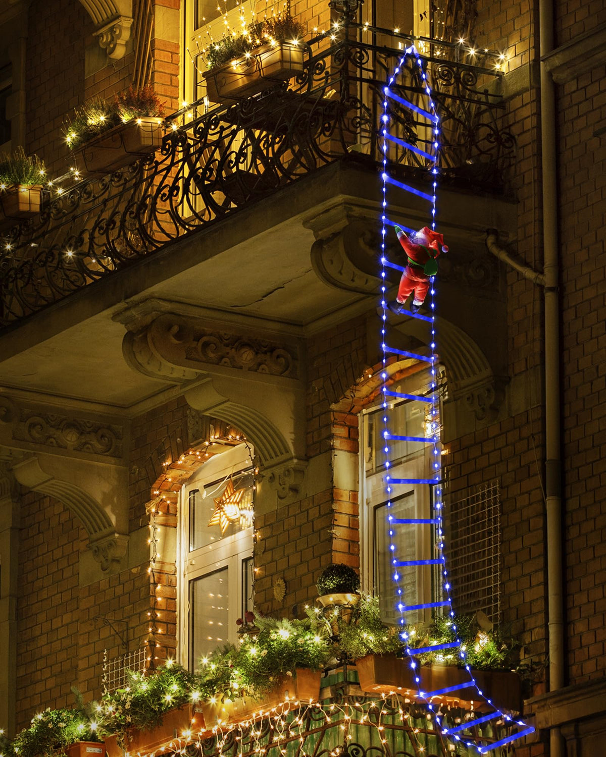 Toodour LED Christmas Lights - 10ft Christmas Decorative Ladder Lights with Santa Claus, Xmas Decorations Light for Indoor Outdoor, Window, Garden, Home, Wall, Xmas Tree Decor - Warm White